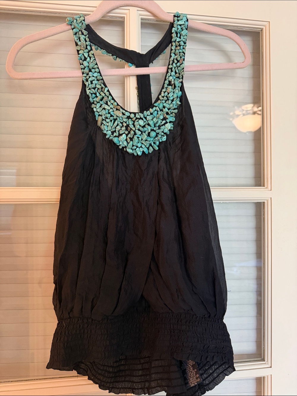 bebe Black Tank Top with Turquoise Beaded Neckline